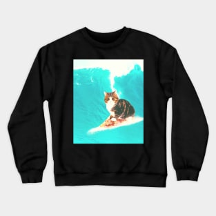 Kitty Cat Surfing Pizza Crewneck Sweatshirt